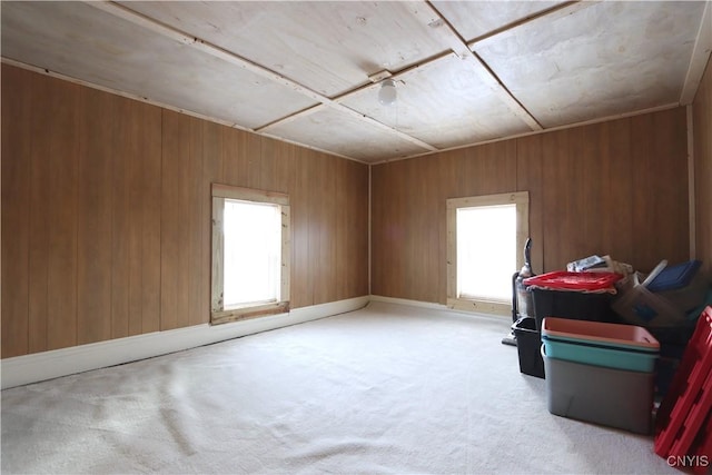 interior space with wooden walls and carpet flooring