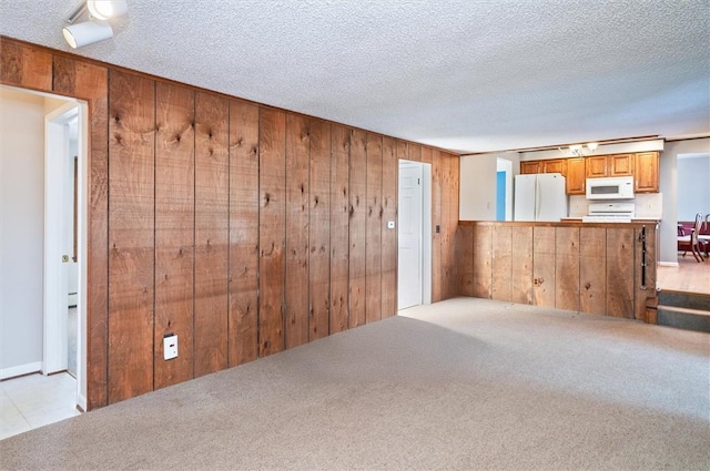 unfurnished room featuring light colored carpet, wooden walls, and a textured ceiling