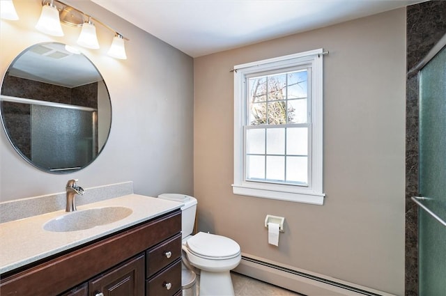 bathroom with baseboard heating, a shower with door, tile patterned floors, toilet, and vanity