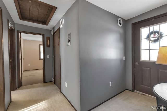 entrance foyer featuring light colored carpet and a raised ceiling