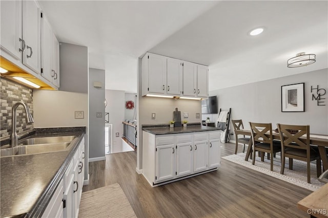 kitchen featuring sink, white cabinets, decorative backsplash, and dark hardwood / wood-style flooring