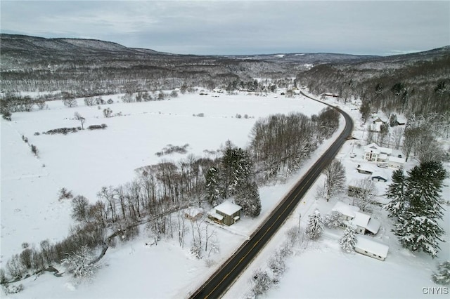 snowy aerial view featuring a mountain view