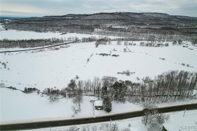 snowy aerial view with a mountain view