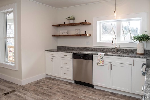 kitchen featuring a sink, visible vents, dishwasher, and a wealth of natural light