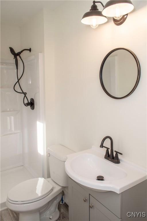 full bathroom with a shower stall, toilet, and vanity