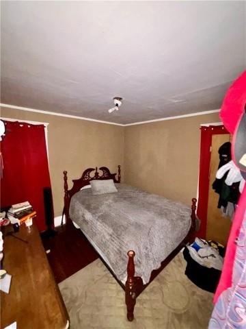 bedroom with wood-type flooring and crown molding