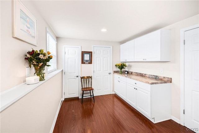 kitchen with dark wood-type flooring and white cabinetry