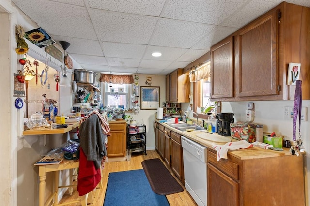 kitchen with sink, a healthy amount of sunlight, light hardwood / wood-style flooring, and dishwasher