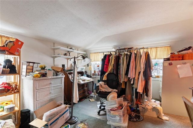 interior space featuring lofted ceiling and carpet flooring