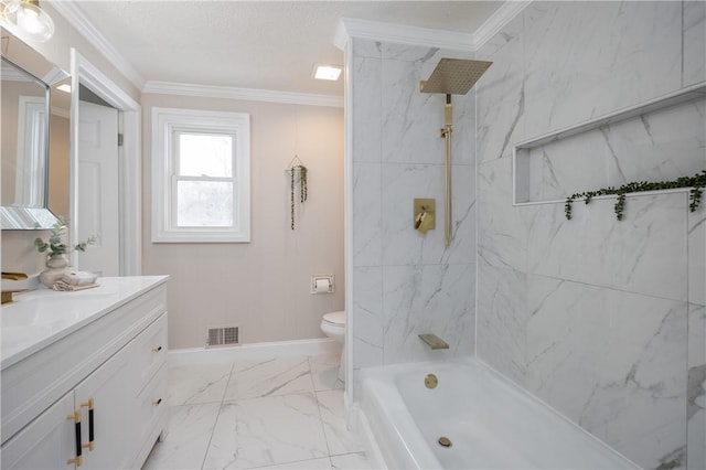 full bathroom with ornamental molding, toilet, shower / bath combination, and vanity