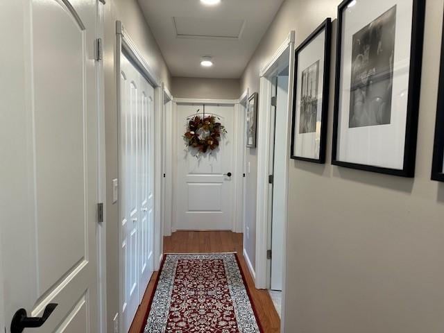 hallway with hardwood / wood-style floors