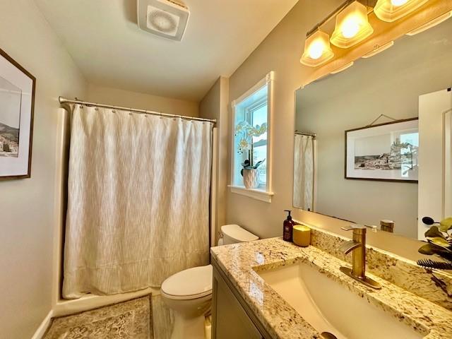 bathroom with toilet, vanity, and a shower with shower curtain