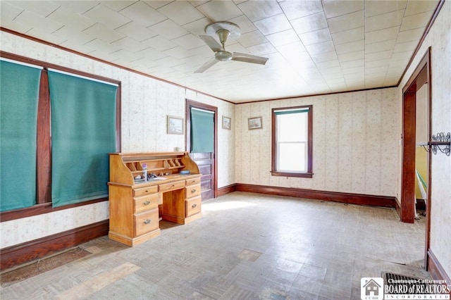 interior space featuring ornamental molding and ceiling fan