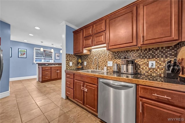 kitchen with dishwasher, sink, hanging light fixtures, light tile patterned floors, and crown molding