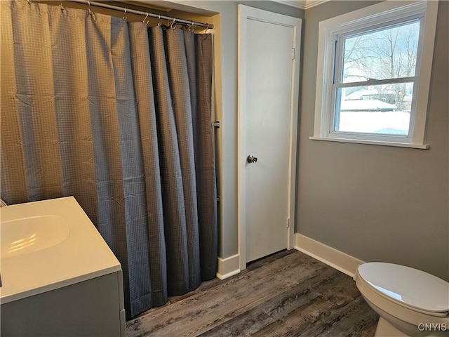 bathroom with vanity, hardwood / wood-style floors, and toilet