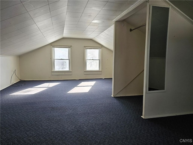 additional living space with dark colored carpet and lofted ceiling