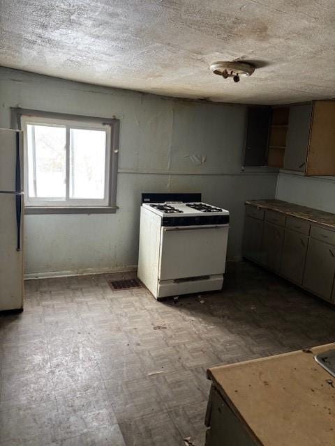 kitchen with fridge and white gas range oven