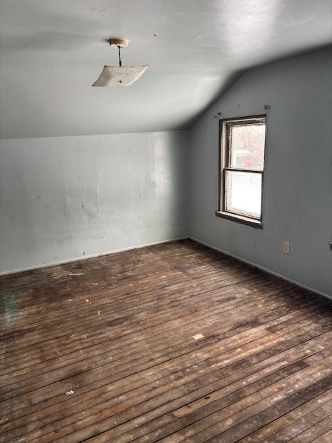 spare room with lofted ceiling and dark hardwood / wood-style floors