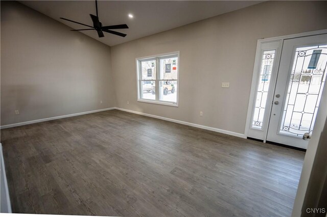 entryway with ceiling fan and dark hardwood / wood-style flooring