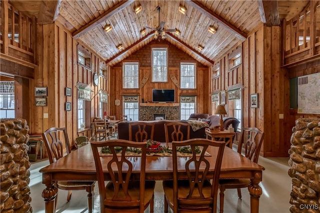 dining space with wood ceiling, wooden walls, and high vaulted ceiling