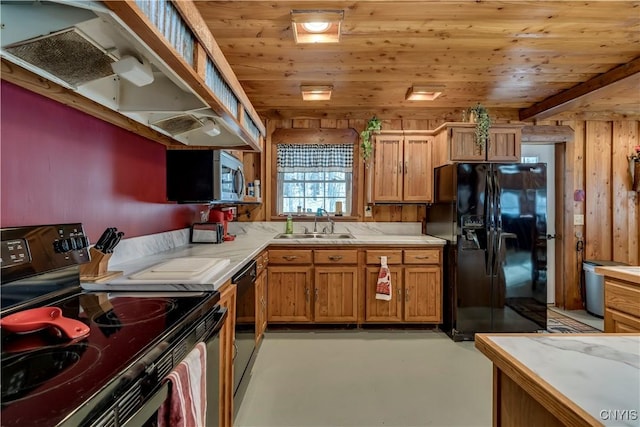 kitchen with sink, black appliances, wooden ceiling, and extractor fan