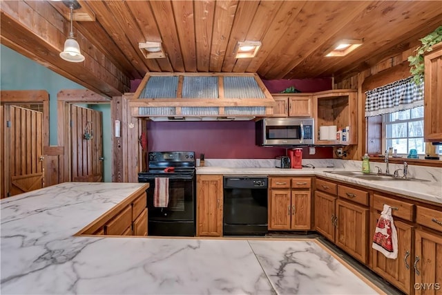 kitchen with decorative light fixtures, sink, black appliances, custom range hood, and wooden ceiling