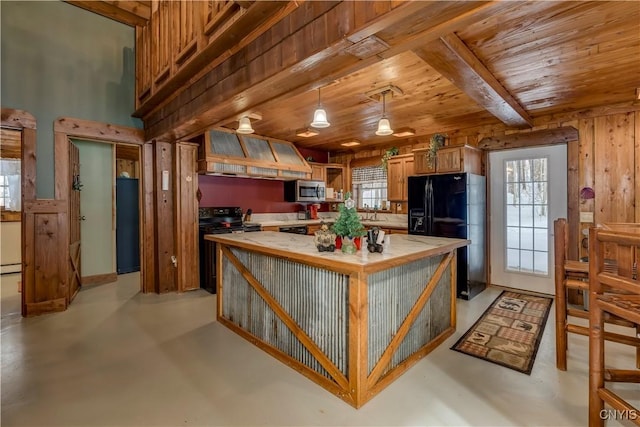 kitchen with premium range hood, hanging light fixtures, plenty of natural light, black appliances, and wooden ceiling