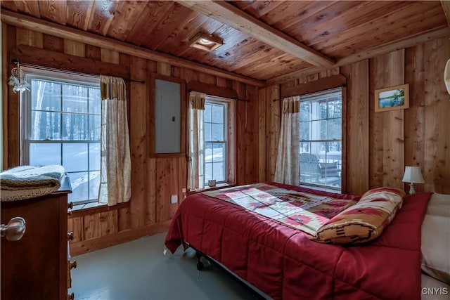 bedroom with concrete flooring, electric panel, wooden walls, and wood ceiling