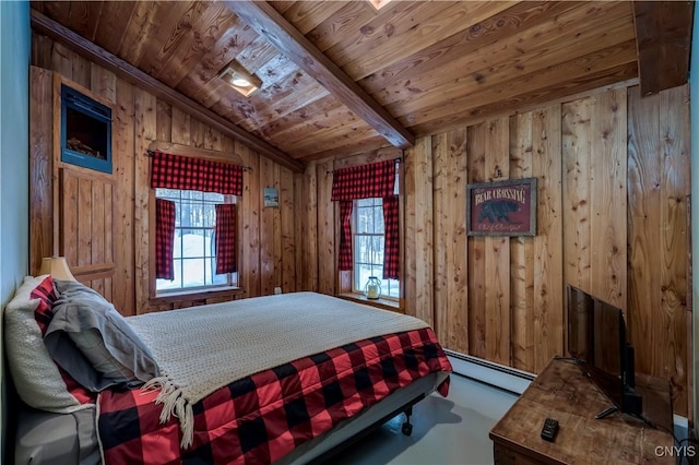 bedroom with lofted ceiling with beams, a baseboard radiator, wooden ceiling, and wooden walls