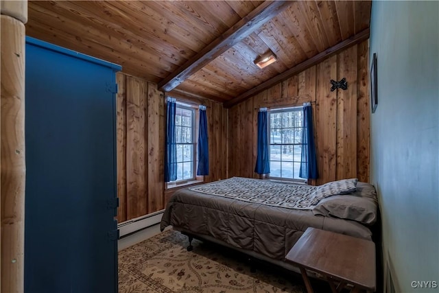 bedroom featuring wood walls, wooden ceiling, lofted ceiling with beams, and a baseboard heating unit