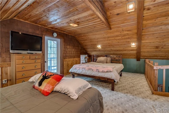 bedroom featuring wood ceiling, wooden walls, lofted ceiling with beams, and carpet flooring