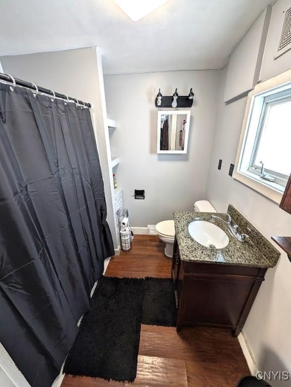 bathroom with vanity, hardwood / wood-style floors, and toilet