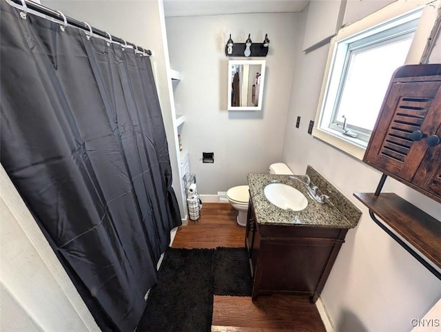 bathroom with vanity, hardwood / wood-style floors, and toilet