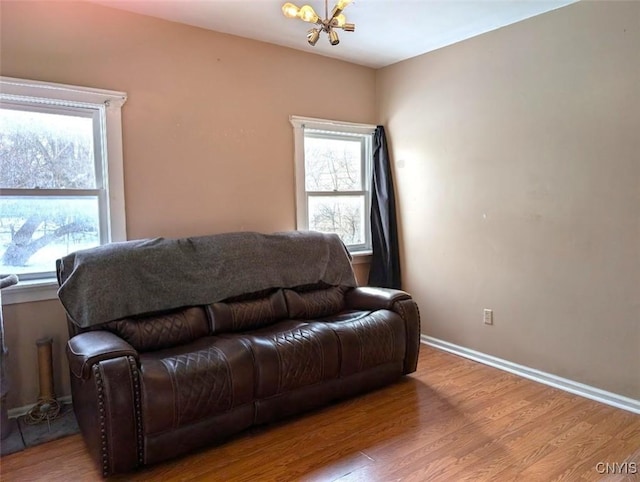 living room featuring an inviting chandelier, plenty of natural light, and light hardwood / wood-style flooring