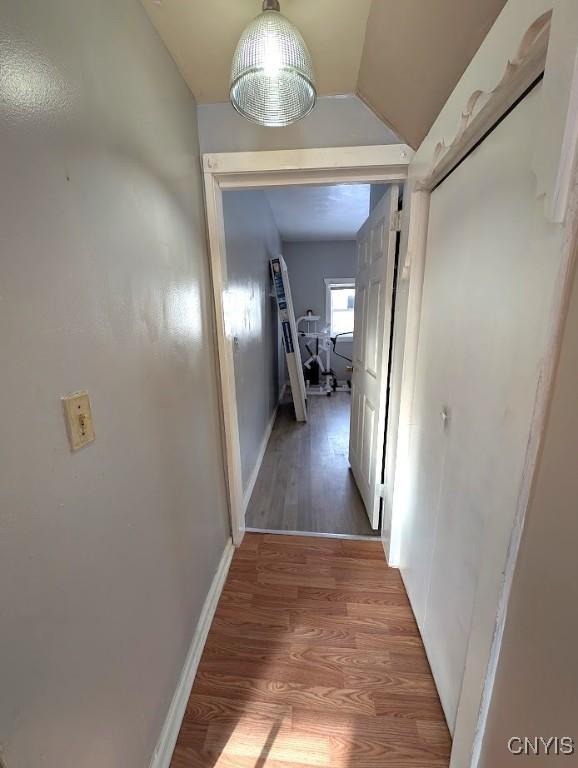 hall featuring lofted ceiling and wood-type flooring