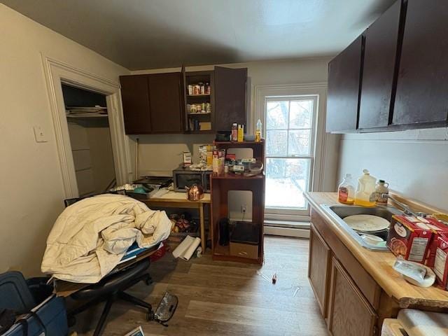 kitchen featuring sink, wood-type flooring, a baseboard radiator, and a healthy amount of sunlight