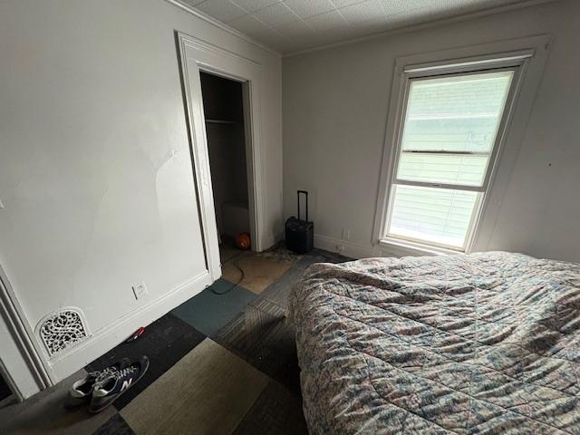 bedroom featuring crown molding and a closet