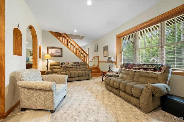 living room with tile patterned floors