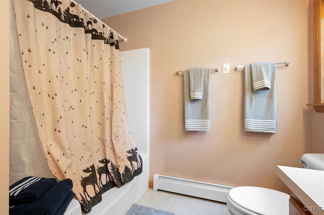 full bathroom with a baseboard radiator, vanity, toilet, and shower / bath combo