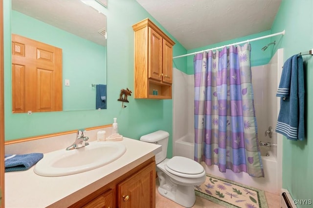 full bathroom featuring shower / tub combo with curtain, a baseboard heating unit, vanity, a textured ceiling, and toilet