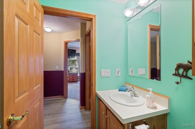 bathroom with hardwood / wood-style flooring and vanity