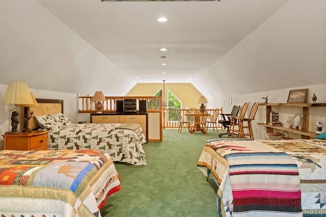 bedroom with lofted ceiling and carpet flooring