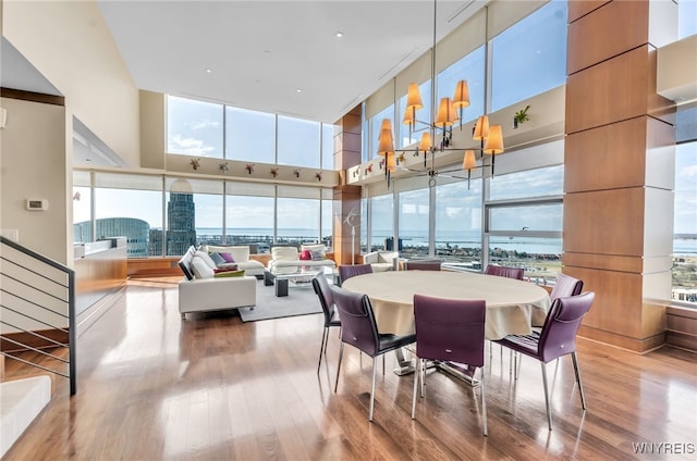 dining room with a high ceiling and hardwood / wood-style floors