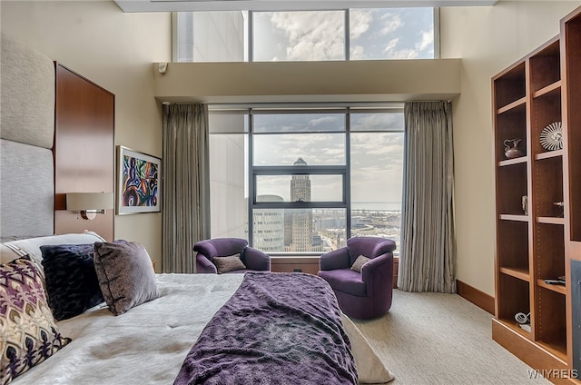 carpeted bedroom featuring a high ceiling