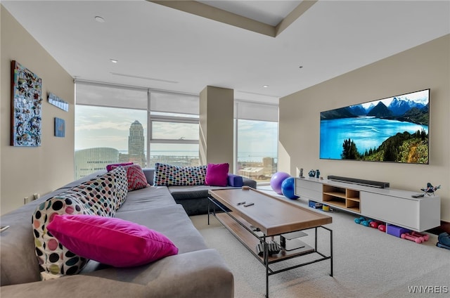 living room featuring light colored carpet and floor to ceiling windows