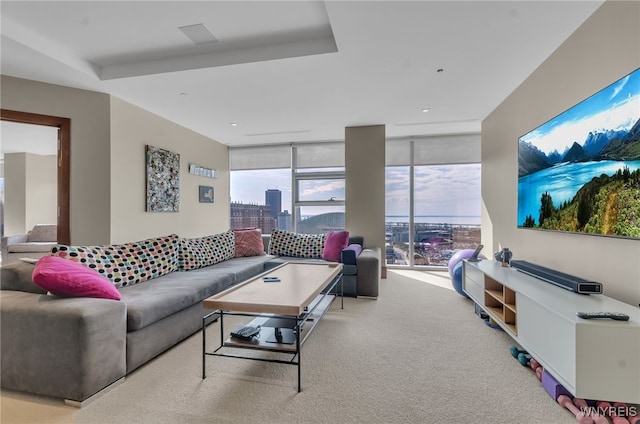 living room with light colored carpet and expansive windows