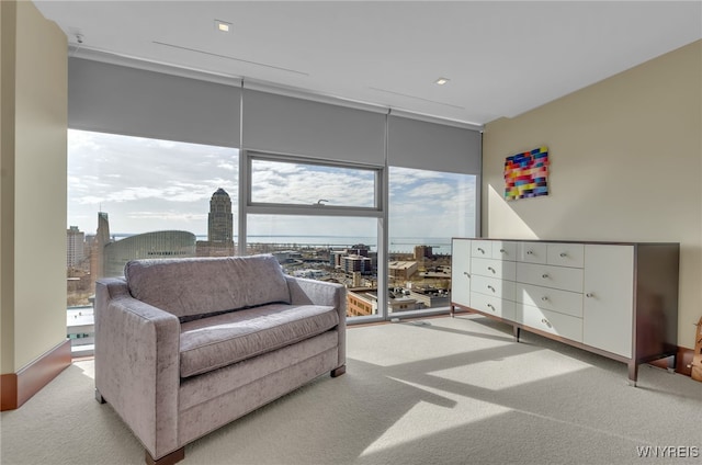 sitting room featuring a wall of windows and light carpet