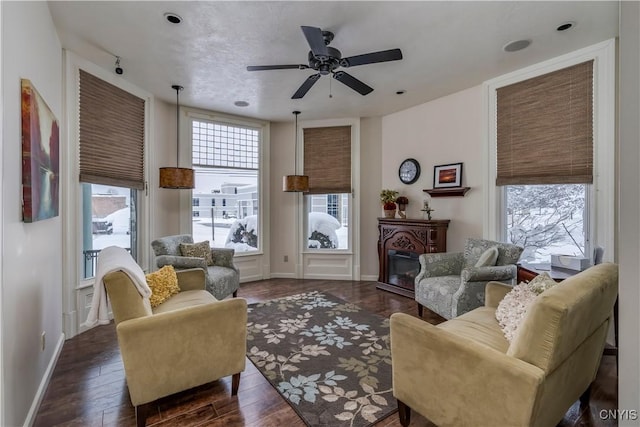 sitting room featuring ceiling fan and dark hardwood / wood-style floors