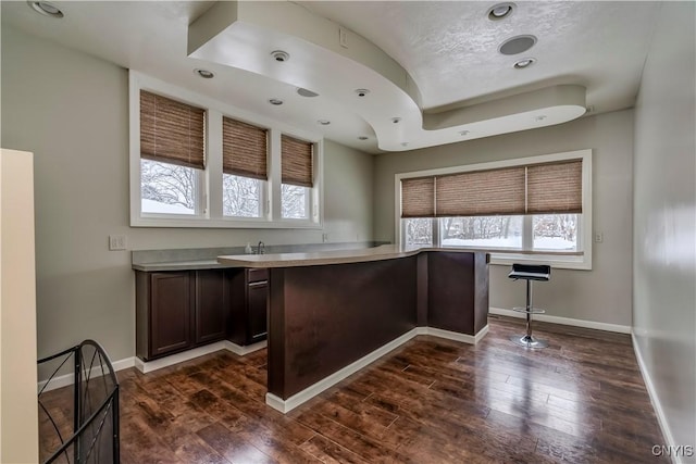 kitchen featuring dark hardwood / wood-style floors, a textured ceiling, and dark brown cabinetry