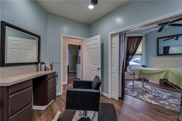 office area with hardwood / wood-style flooring and ceiling fan